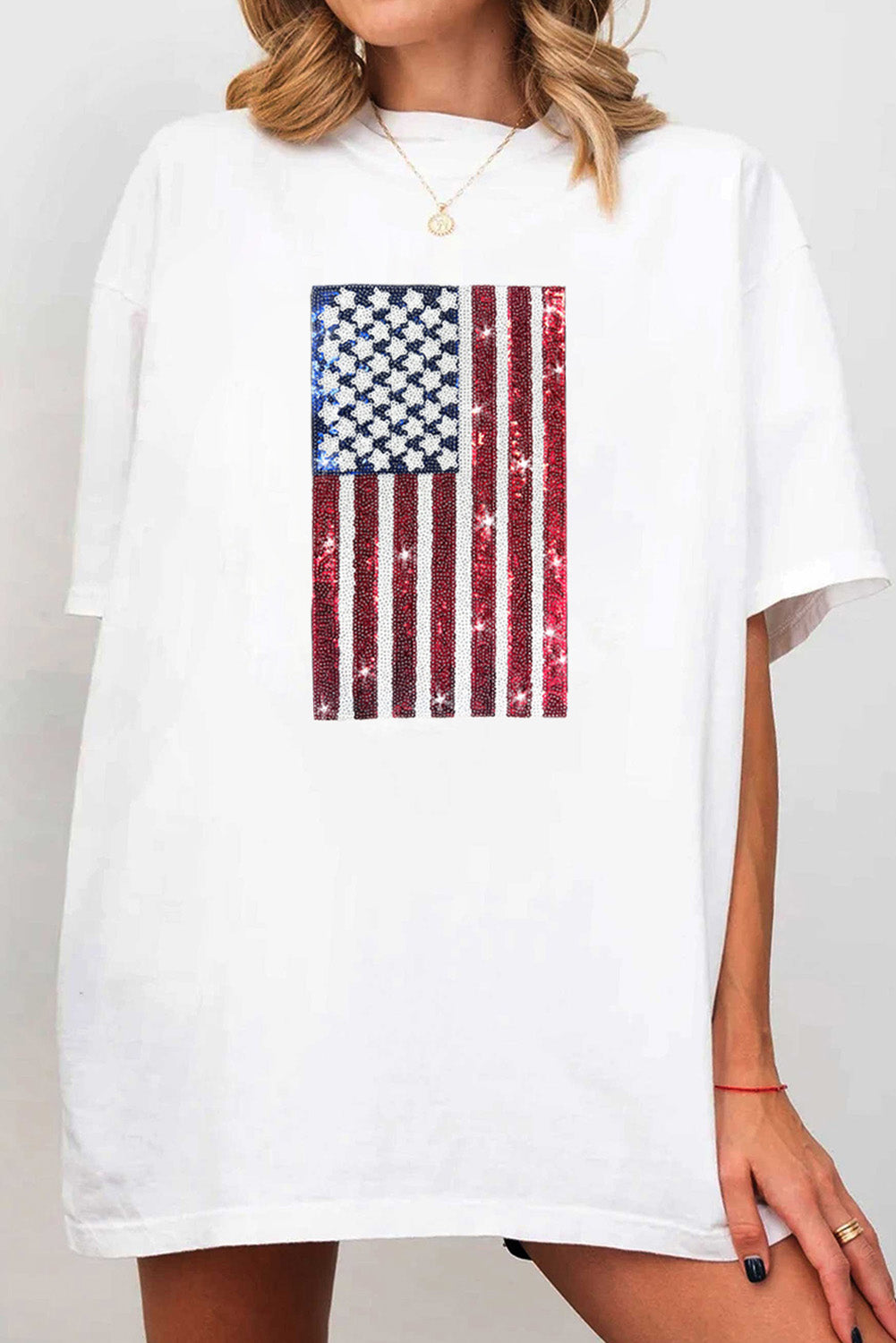 White Sequined American Flag Crewneck Oversized Tee Graphic Tees JT's Designer Fashion
