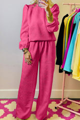 Rose Red Textured Puff Sleeve Top and Pants Set Pant Sets JT's Designer Fashion