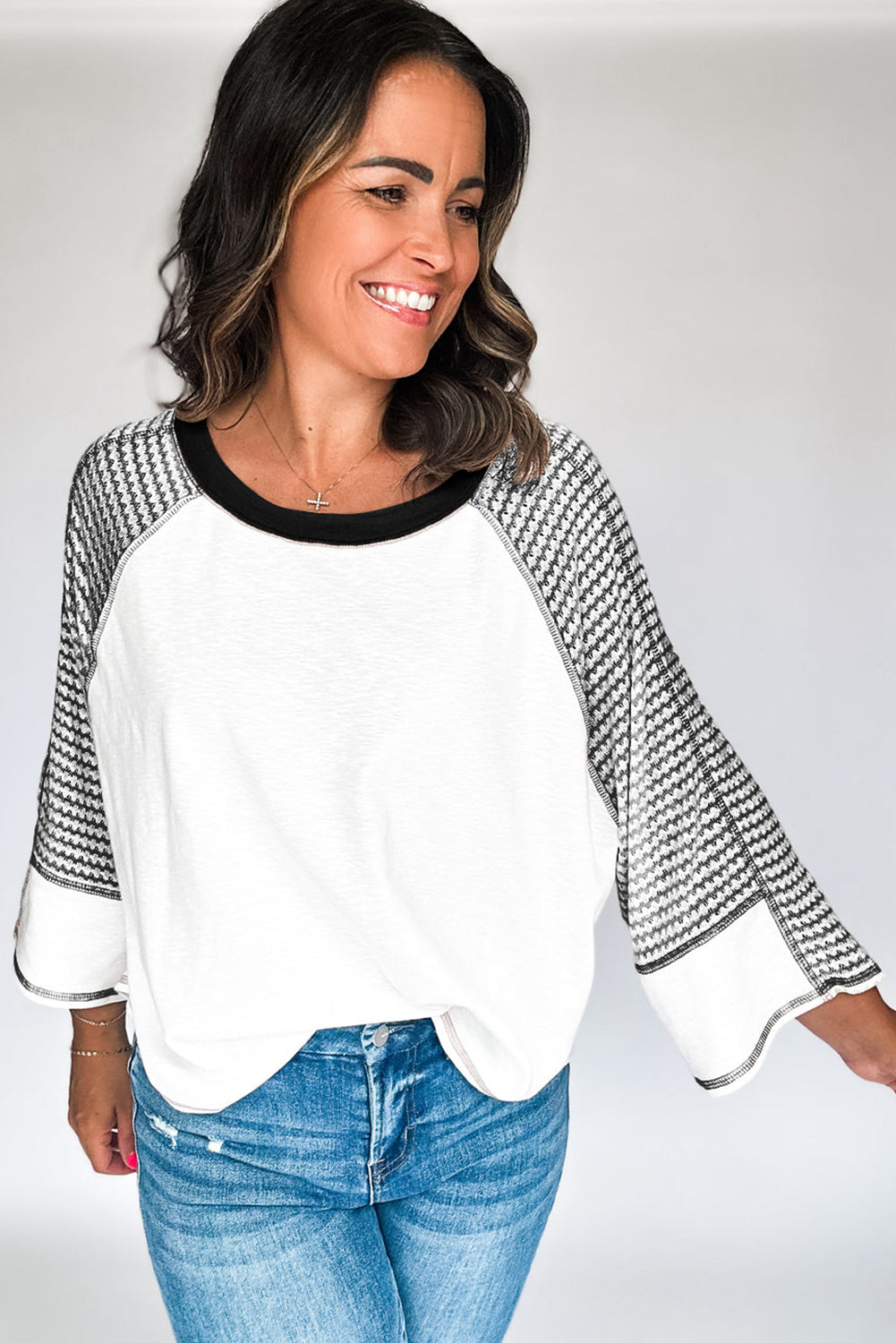 Black Striped Bracelet Sleeve Raglan Patchwork Top Long Sleeve Tops JT's Designer Fashion