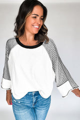Black Striped Bracelet Sleeve Raglan Patchwork Top Long Sleeve Tops JT's Designer Fashion