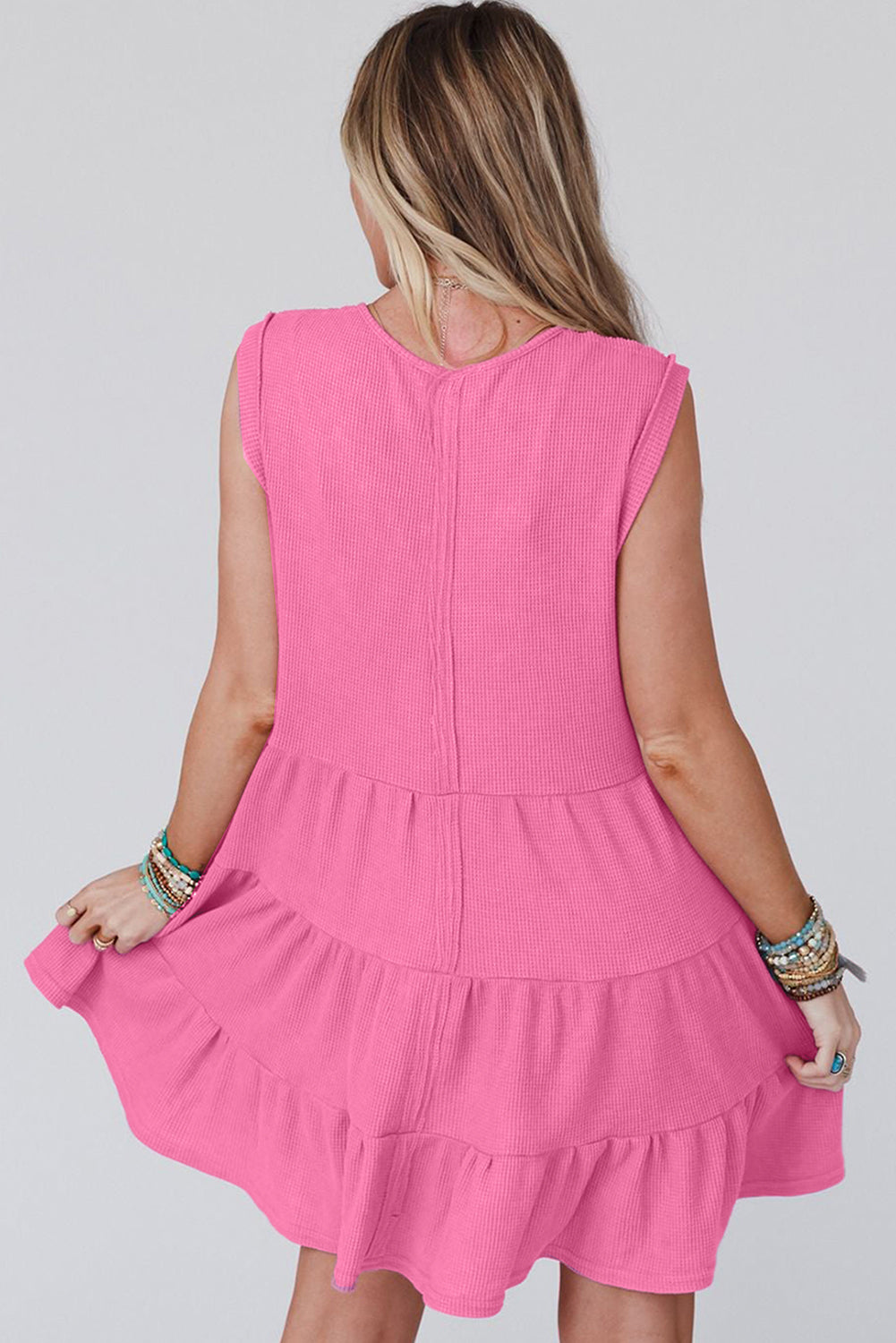 Bright Pink Waffle Textured Button Round Neck A-line Tiered Sleeveless Dress Mini Dresses JT's Designer Fashion