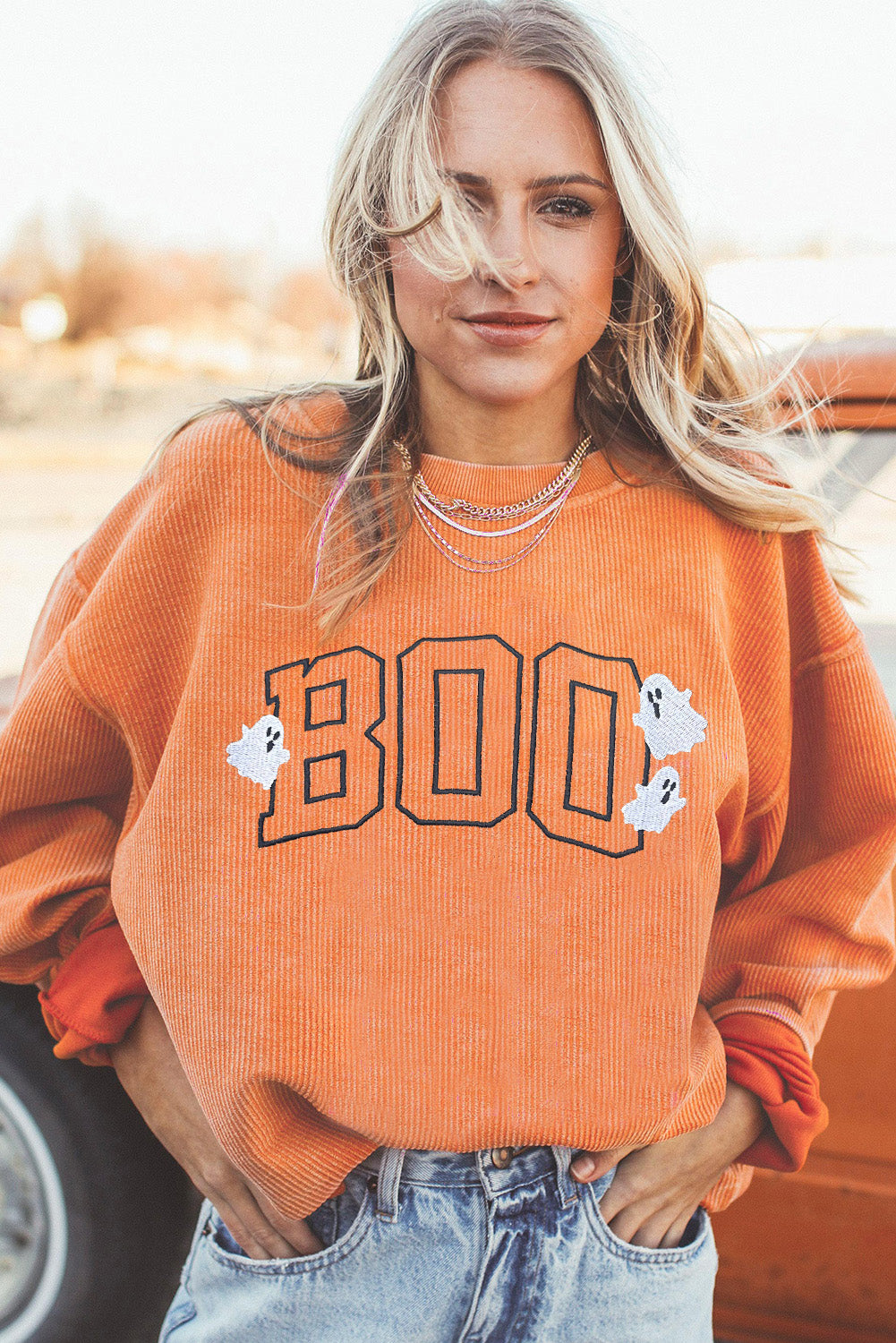 Orange Embroidered BOO Ghost Corded Halloween Sweatshirt Graphic Sweatshirts JT's Designer Fashion
