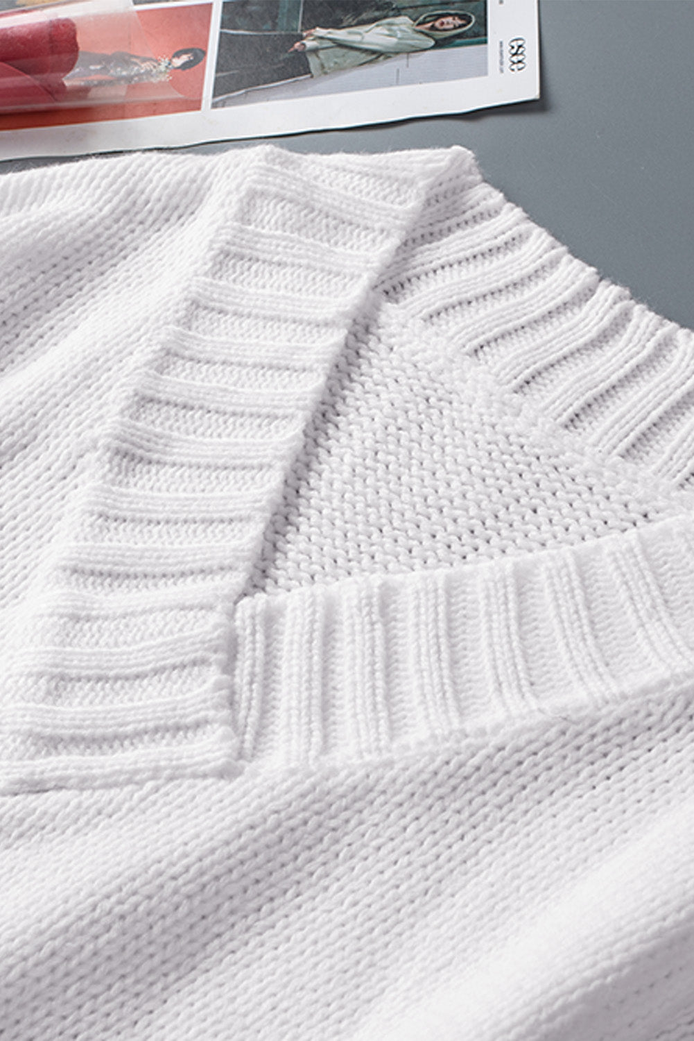 White V neck Drop Shoulder Knitted Sweater Sweaters & Cardigans JT's Designer Fashion