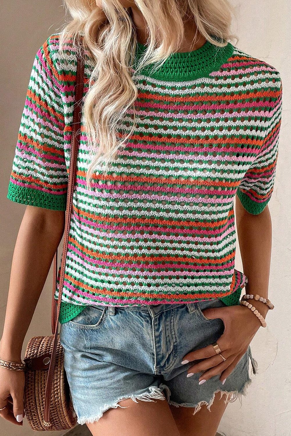 Dark Green Striped Pattern Hollow Out Contrast Trim Knit T Shirt Sweaters & Cardigans JT's Designer Fashion