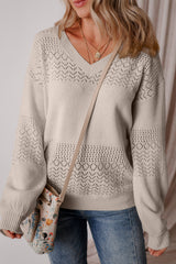 Brown Eyelet Pattern Detail V Neck Drop Shoulder Sweater Sweaters JT's Designer Fashion