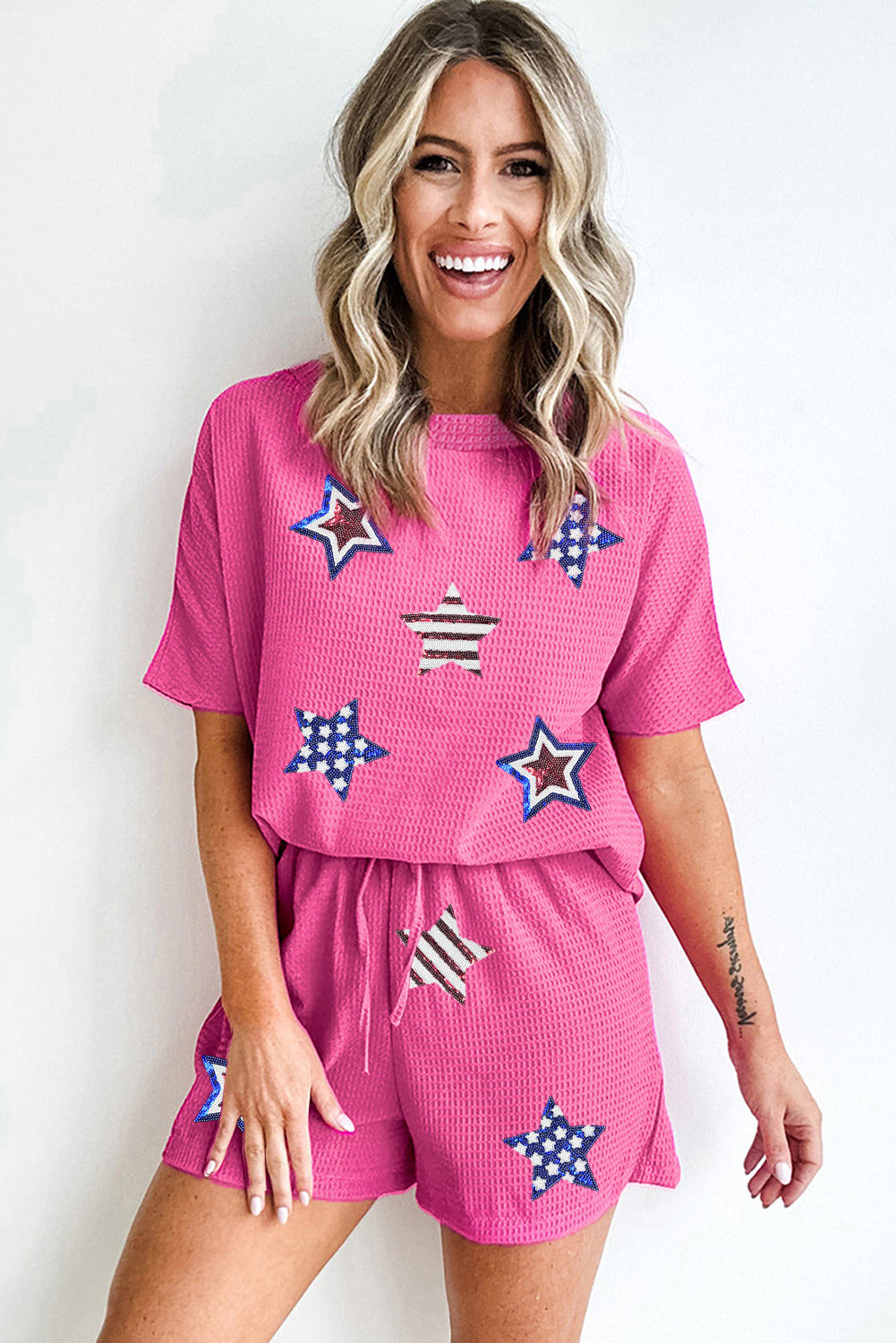 Rose Red Waffle Sequin American Flag Star Graphic 2 Piece Shorts Set Graphic Sets JT's Designer Fashion