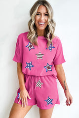 Rose Red Waffle Sequin American Flag Star Graphic 2 Piece Shorts Set Graphic Sets JT's Designer Fashion