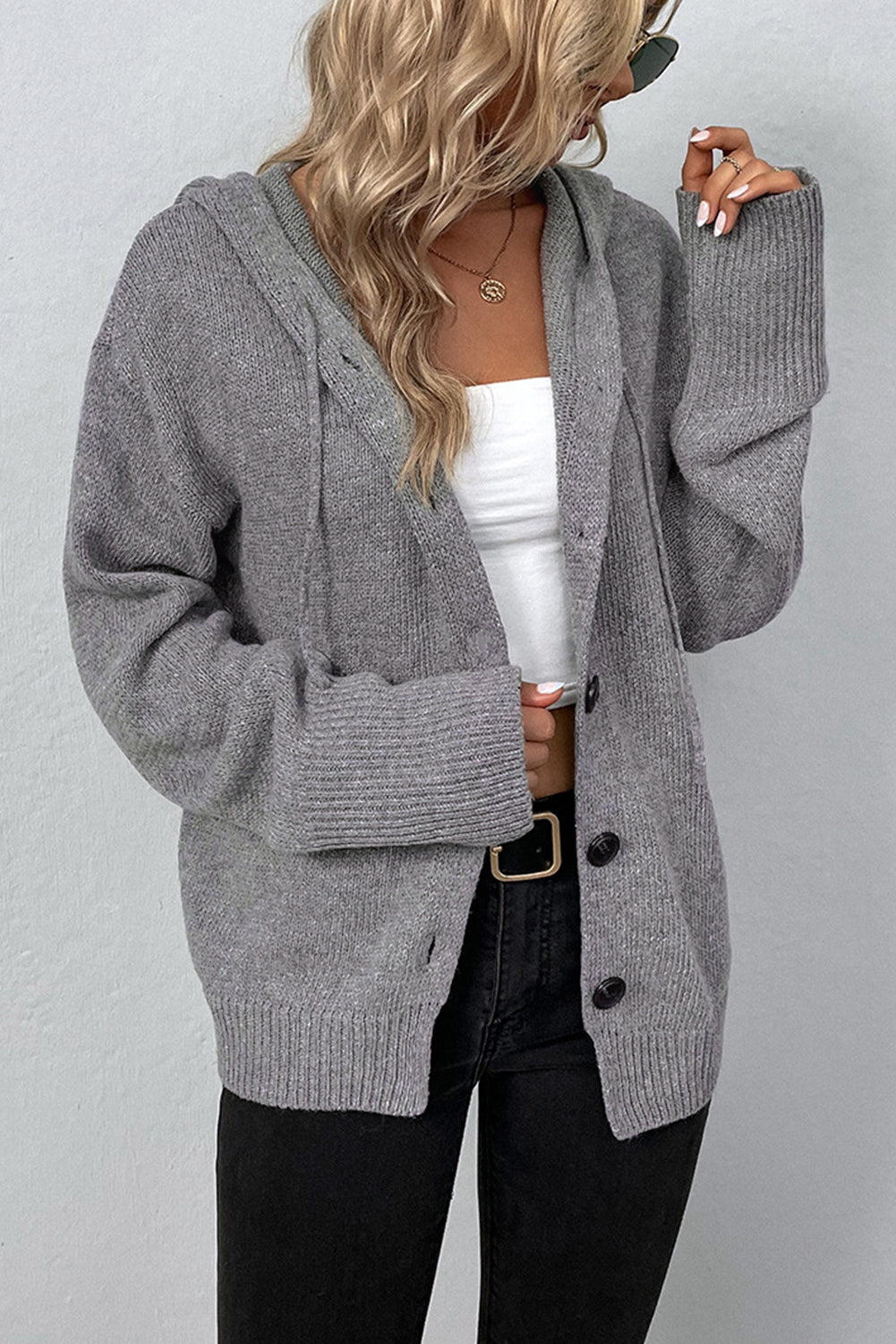 Medium Grey Drawstring Hooded Button Up Drop Shoulder Sweater Cardigan Cardigans JT's Designer Fashion