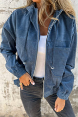 Real Teal Corduroy Drawstring Hooded Pocket Zip Up Jacket Real Teal 100%Polyester Jackets JT's Designer Fashion
