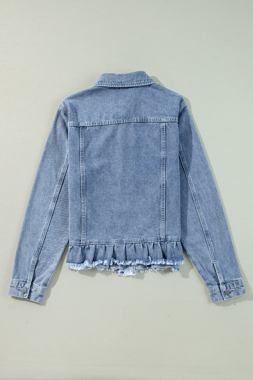 Beau Blue Ruffle Raw Hem Flap Pockets Denim Jacket Denim Jackets JT's Designer Fashion