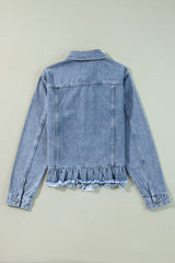 Beau Blue Ruffle Raw Hem Flap Pockets Denim Jacket Denim Jackets JT's Designer Fashion