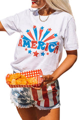White AMERICA Star Graphic Round Neck Tee Graphic Tees JT's Designer Fashion