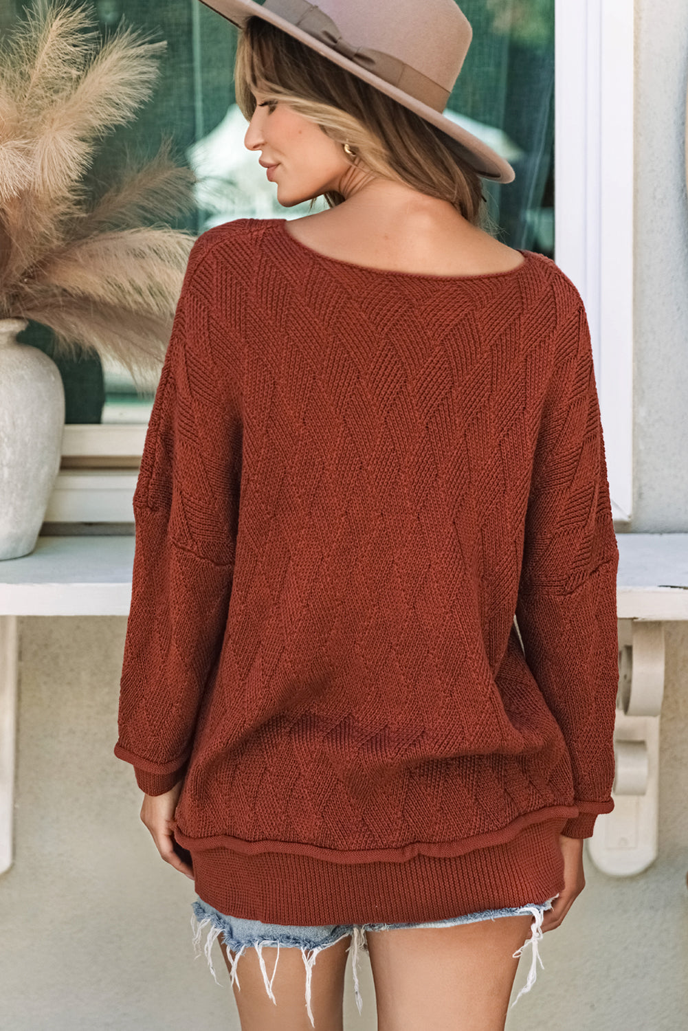 Gold Flame Solid Color Textured Crew Neck Loose Sweater Sweaters JT's Designer Fashion