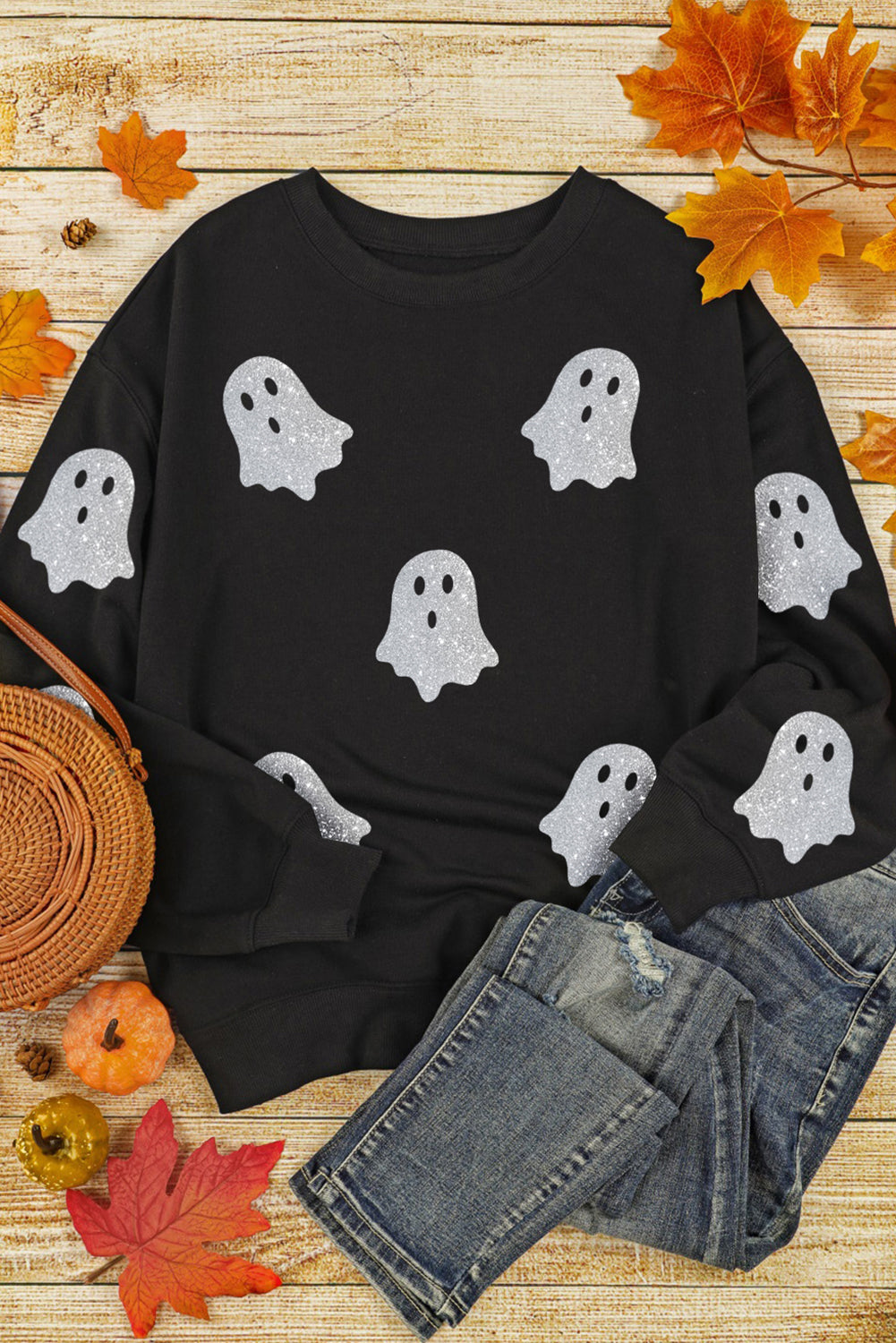 Black Glitter Ghost Pattern Crew Neck Halloween Sweatshirt Graphic Sweatshirts JT's Designer Fashion