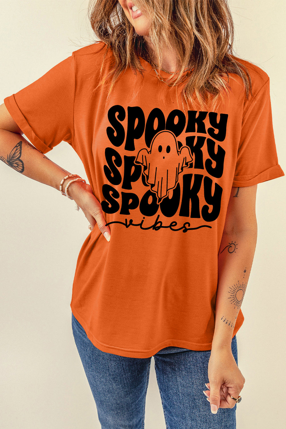 Orange SPOOKY Vibe Ghost Print Crewneck Halloween T Shirt Graphic Tees JT's Designer Fashion
