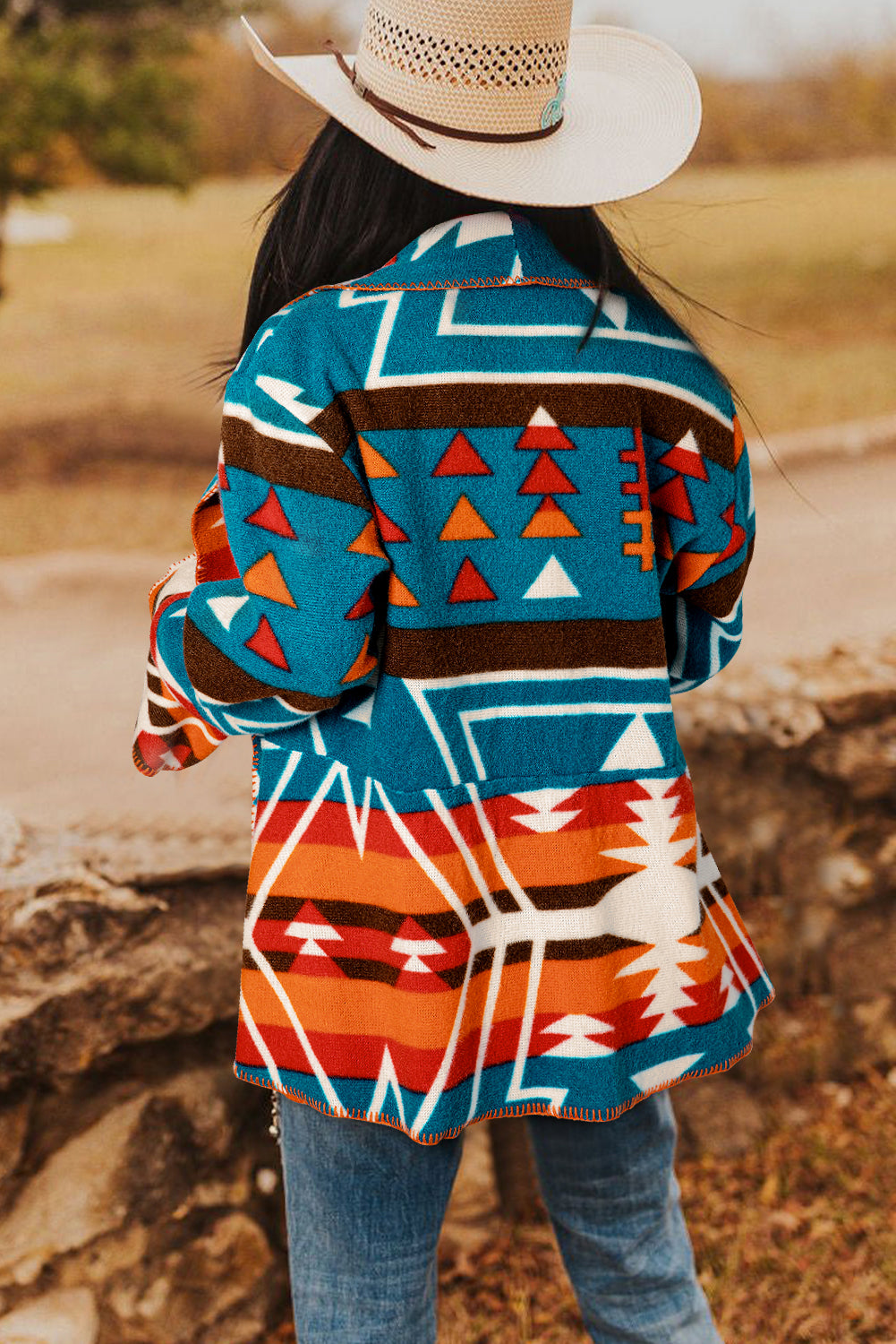 Sky Blue Aztec Printed Lapel Bell Sleeve Jacket Jackets JT's Designer Fashion