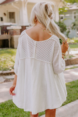 White Eyelet Patchwork High Low Hem V Neck Oversized Top Long Sleeve Tops JT's Designer Fashion