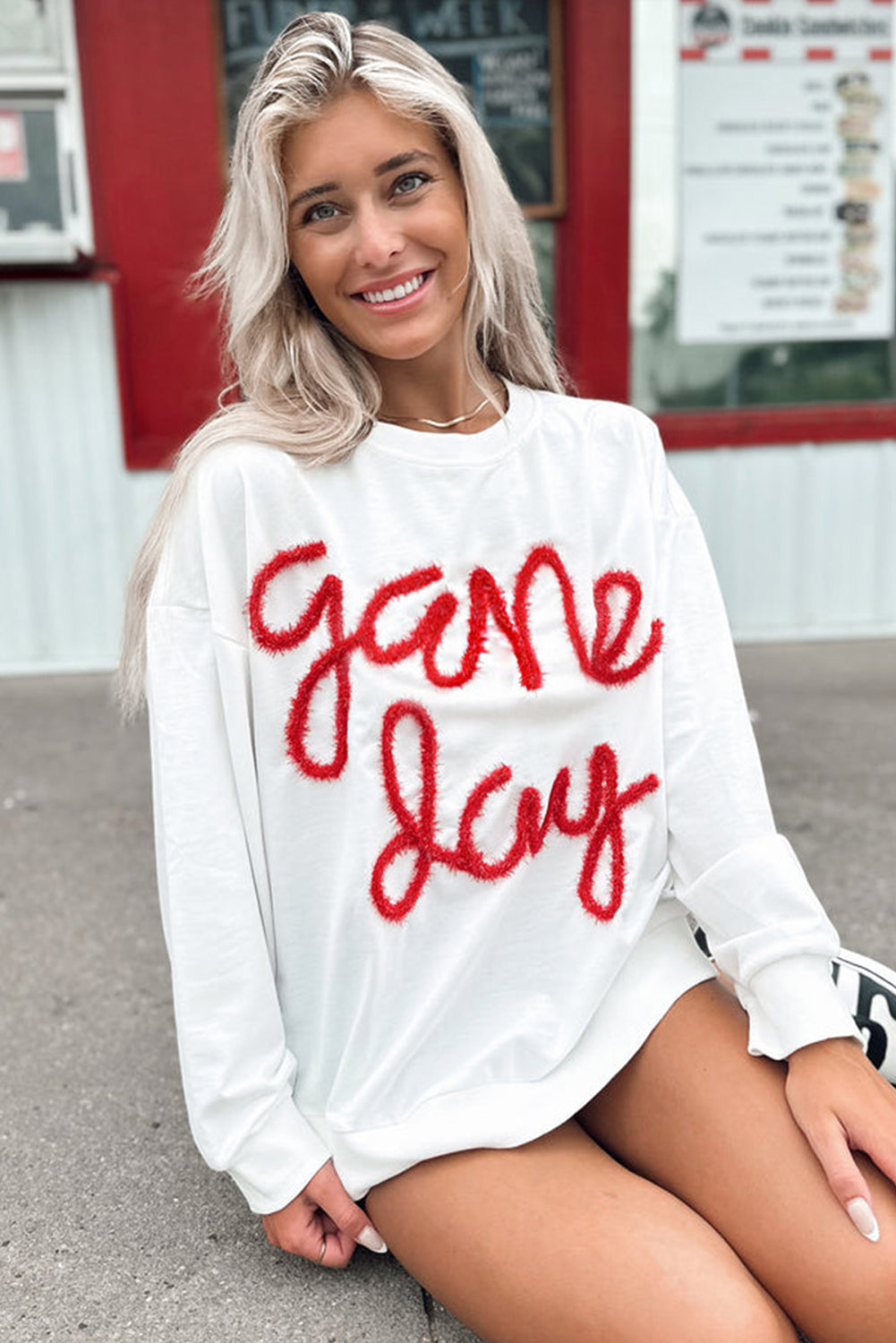 White Tinsel Game Day Drop Shoulder Graphic Sweatshirt Sweatshirts & Hoodies JT's Designer Fashion