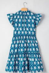 Blue Retro Floral Print Split Neck Ruffle Short Sleeve Dress Floral Dresses JT's Designer Fashion