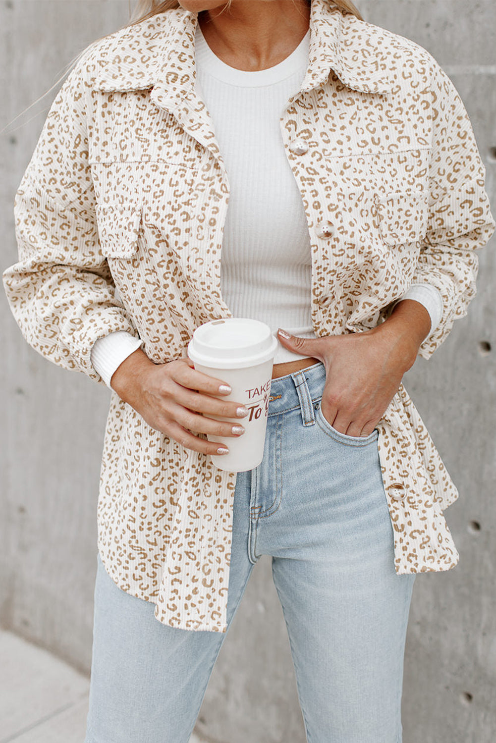 Beige Leopard Print Flap Pockets Buttoned Corduroy Shacket Jackets JT's Designer Fashion