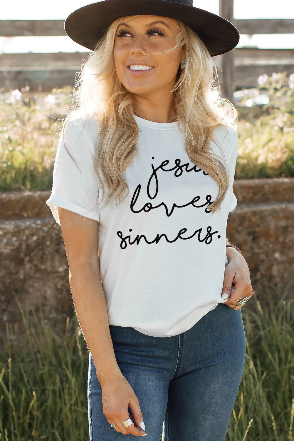 White Jesus Loves Sinners Funny Belief T Shirt Graphic Tees JT's Designer Fashion