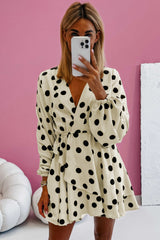 Beige Polka Dot Printed Surplice V Neck Puff Sleeve Mini Dress Mini Dresses JT's Designer Fashion