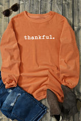 Orange Thankful Ribbed Crew Neck Thanksgiving Sweatshirt Graphic Sweatshirts JT's Designer Fashion