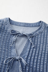 Myosotis Denim Front Pintuck Bow Tie Puff Sleeve Top Blouses & Shirts JT's Designer Fashion