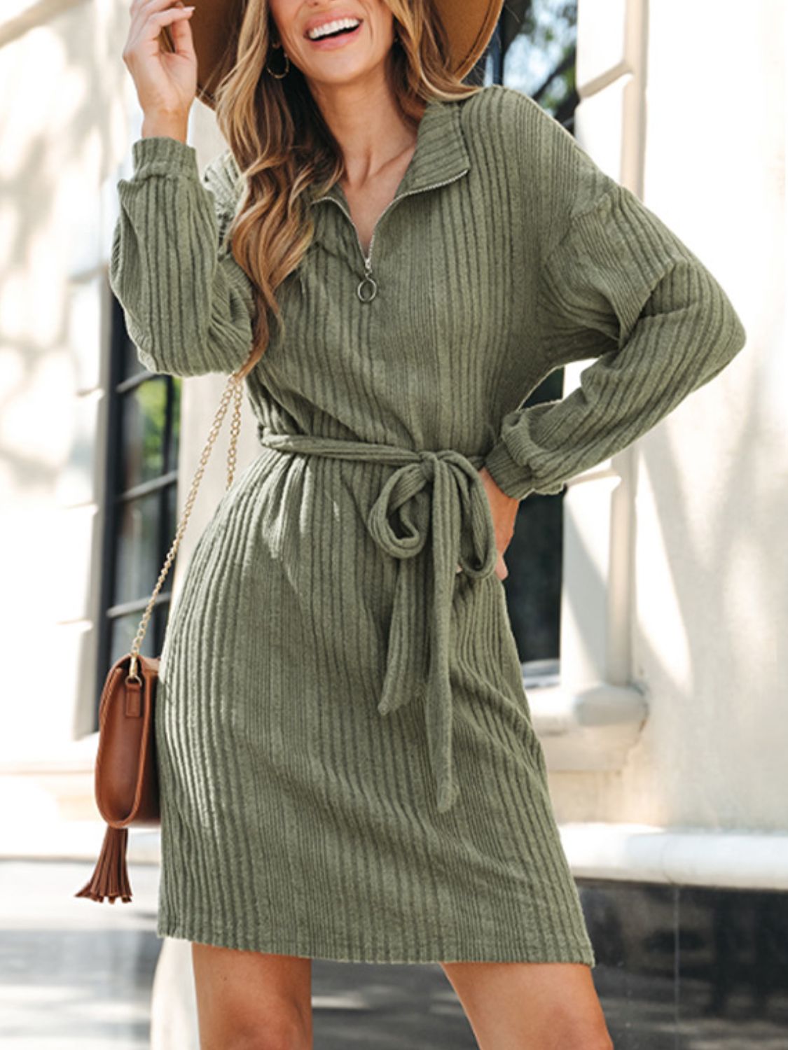 Tied Quarter Zip Long Sleeve Dress Mini Dresses JT's Designer Fashion