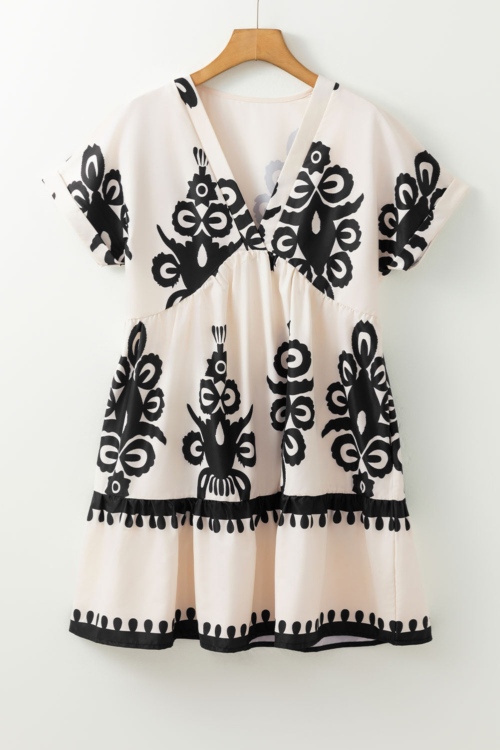 Black Vintage Print V Neck High Waist Short Sleeve Dress Mini Dresses JT's Designer Fashion