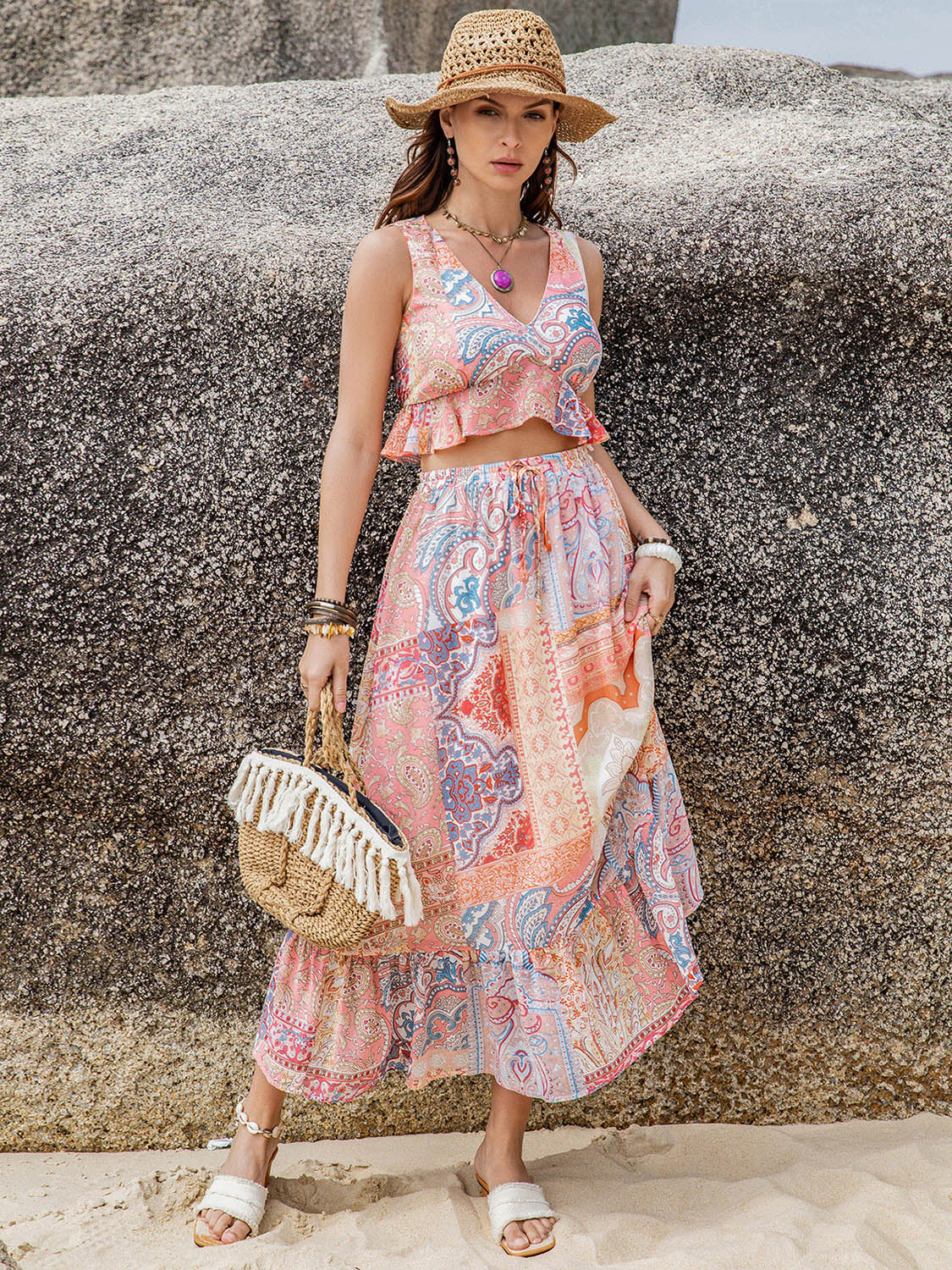 Printed V-Neck Top and Midi Skirt Set Skirt Sets JT's Designer Fashion