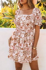 White Floral Print Bow Knot Backless Square Neck Mini Dress Floral Dresses JT's Designer Fashion