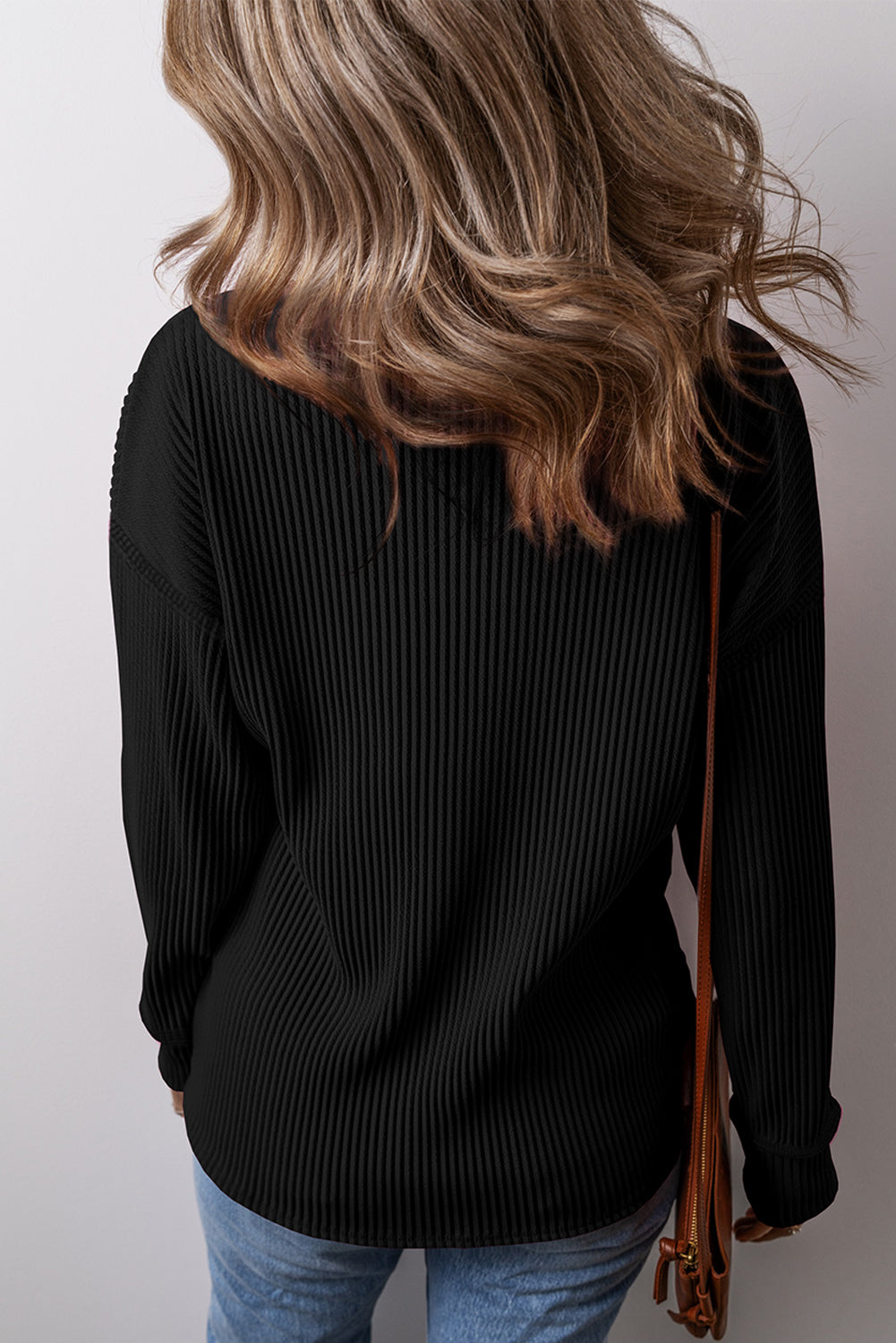 Black Solid Color Corded Drop Shoulder Long Sleeve Top Long Sleeve Tops JT's Designer Fashion