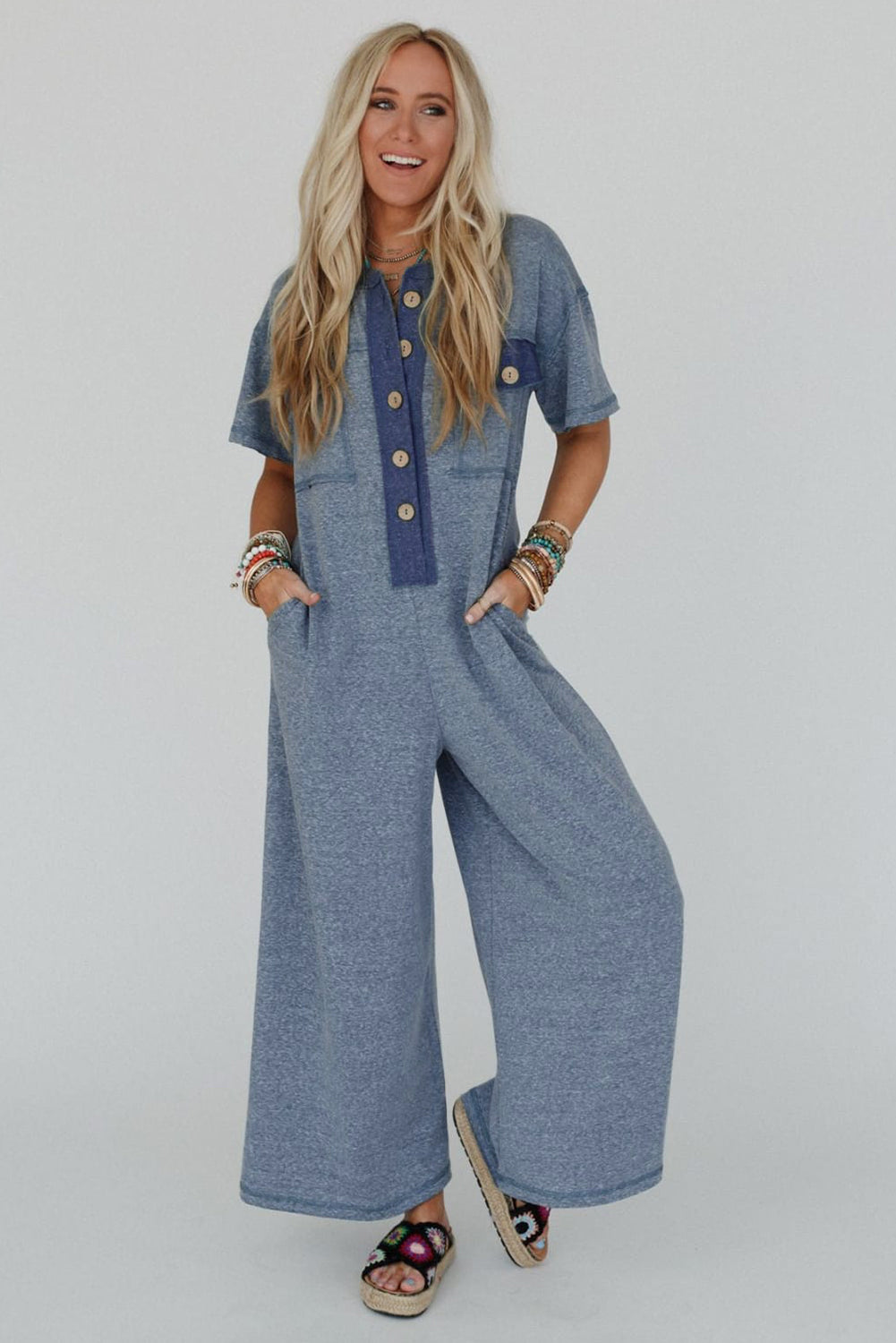 Beau Blue Half Placket Chest Pockets Short Sleeve Wide Leg Jumpsuit Jumpsuits & Rompers JT's Designer Fashion