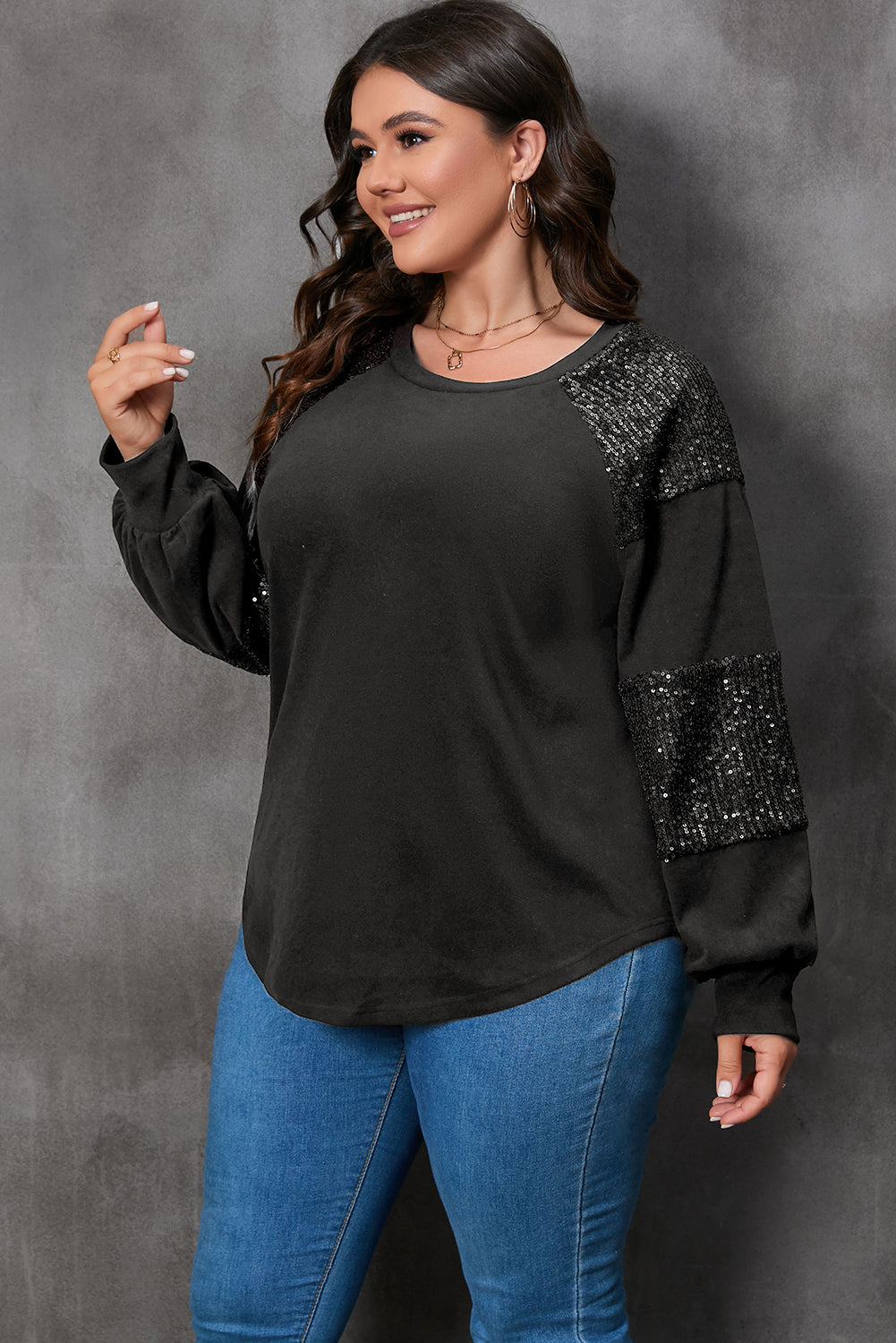Black Plus Size Sequin Patchwork Top Plus Size JT's Designer Fashion