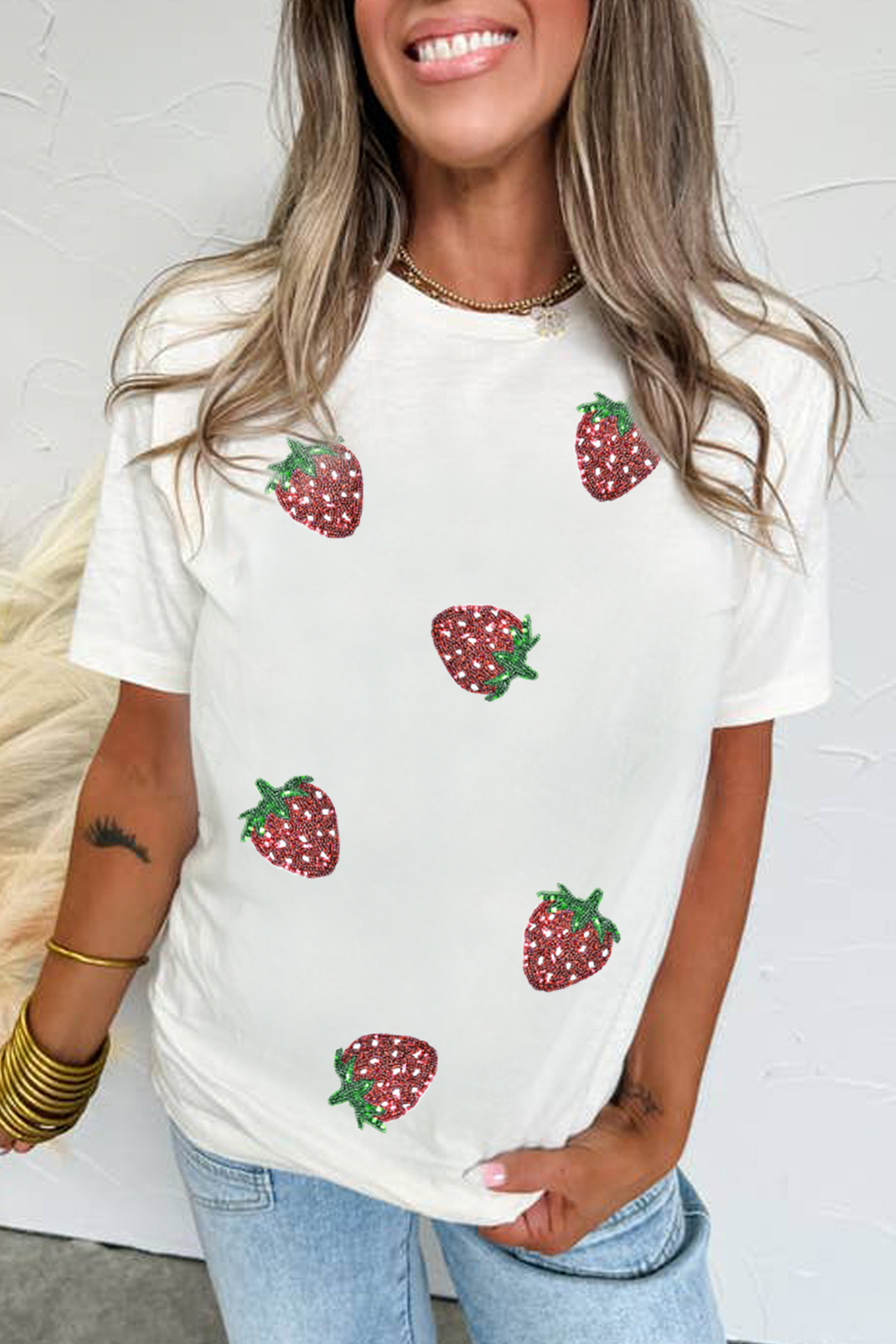 White Sequin Strawberry Patched Crew Neck T Shirt Graphic Tees JT's Designer Fashion