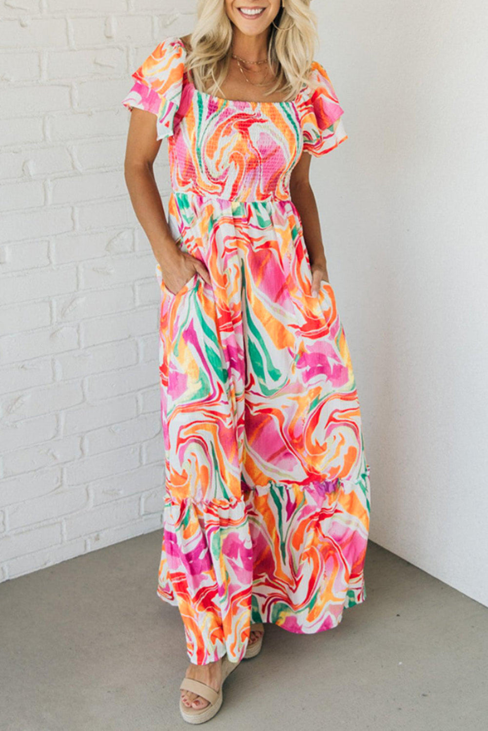 Pink Abstract Print Ruffled Sleeve Smocked Bust Long Dress Maxi Dresses JT's Designer Fashion