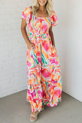 Pink Abstract Print Ruffled Sleeve Smocked Bust Long Dress Maxi Dresses JT's Designer Fashion