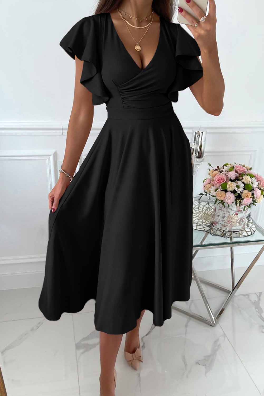 Black Ruffled Sleeve Wrap V Neck Midi Dress Midi Dresses JT's Designer Fashion