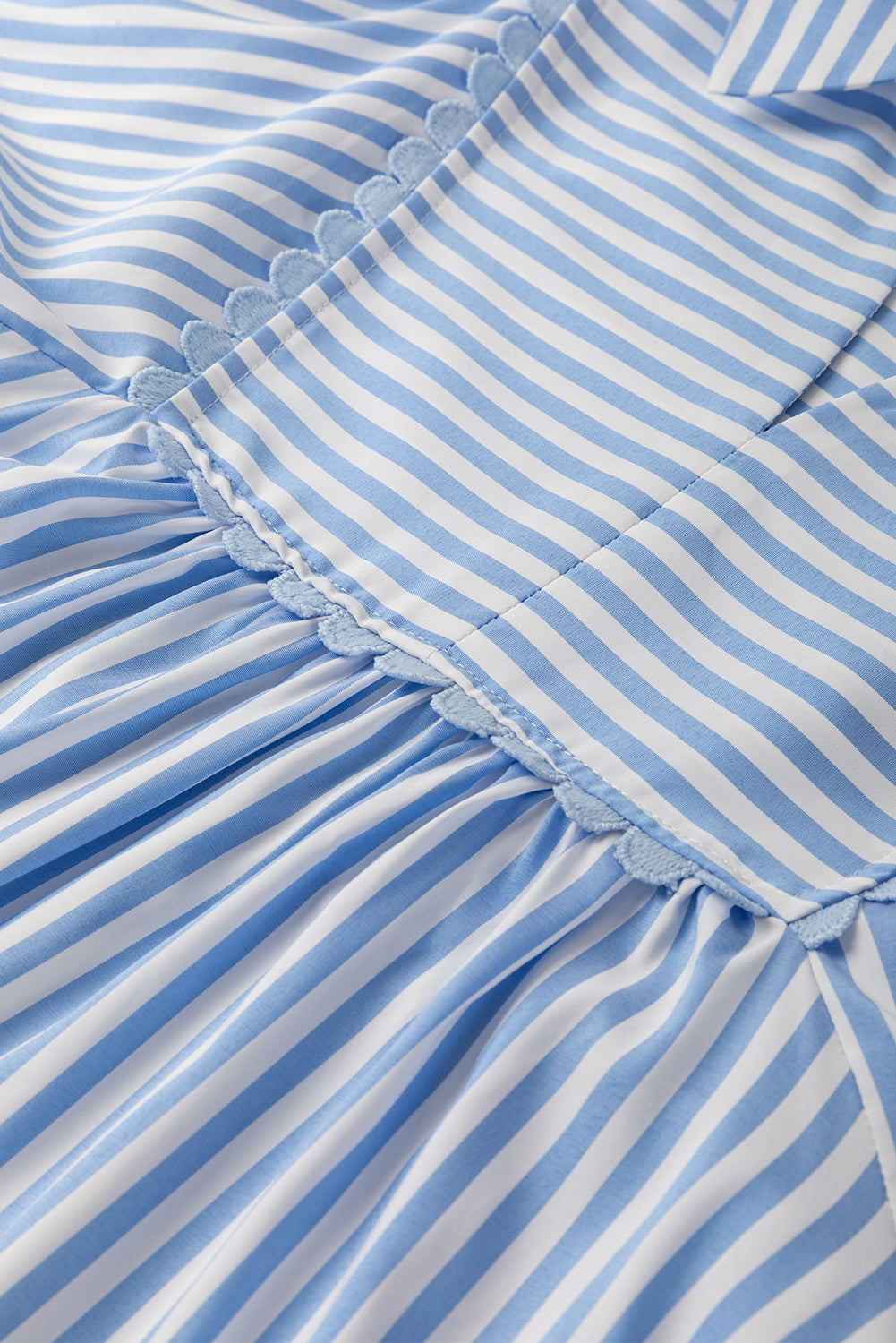 Sky Blue Stripe Shirt Collar V Neck Ricrac Trim 3/4 Puff Sleeve Blouse Blouses & Shirts JT's Designer Fashion