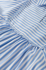Sky Blue Stripe Shirt Collar V Neck Ricrac Trim 3/4 Puff Sleeve Blouse Blouses & Shirts JT's Designer Fashion