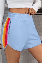 Beau Blue Color Block Stripes Elastic High Waist Active Shorts Beau Blue 85%Polyester+10%Cotton+5%Elastane Casual Shorts JT's Designer Fashion