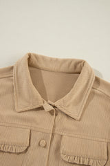 Light French Beige Solid Frilled Flap Pocket Button Up Corduroy Shacket Jackets JT's Designer Fashion