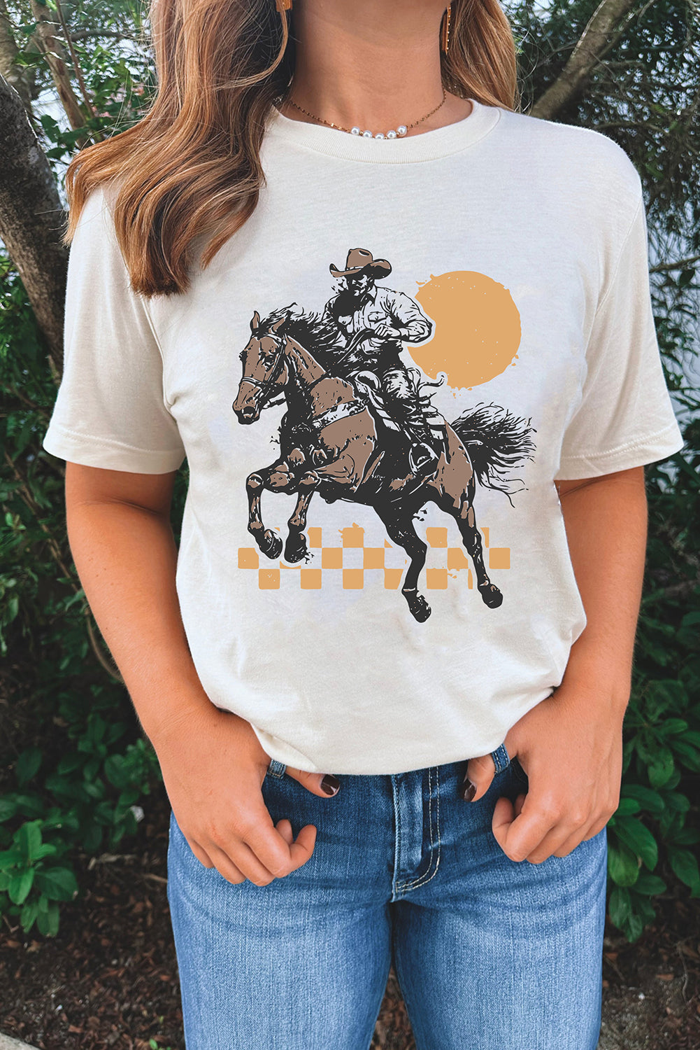 White Sunset Cowboy Print Western Fashion T Shirt Graphic Tees JT's Designer Fashion