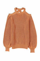 Brown Crew Neck Cold Shoulder Hollow-out Back Sweater Sweaters & Cardigans JT's Designer Fashion