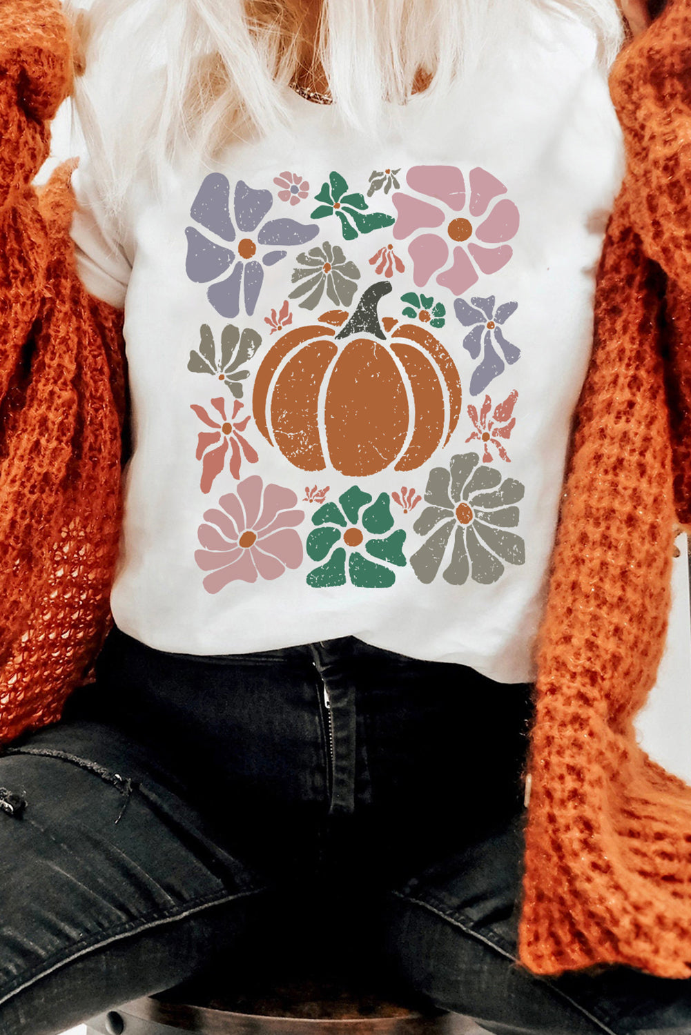 White Flower Pumpkin Distressed Graphic T Shirt Graphic Tees JT's Designer Fashion