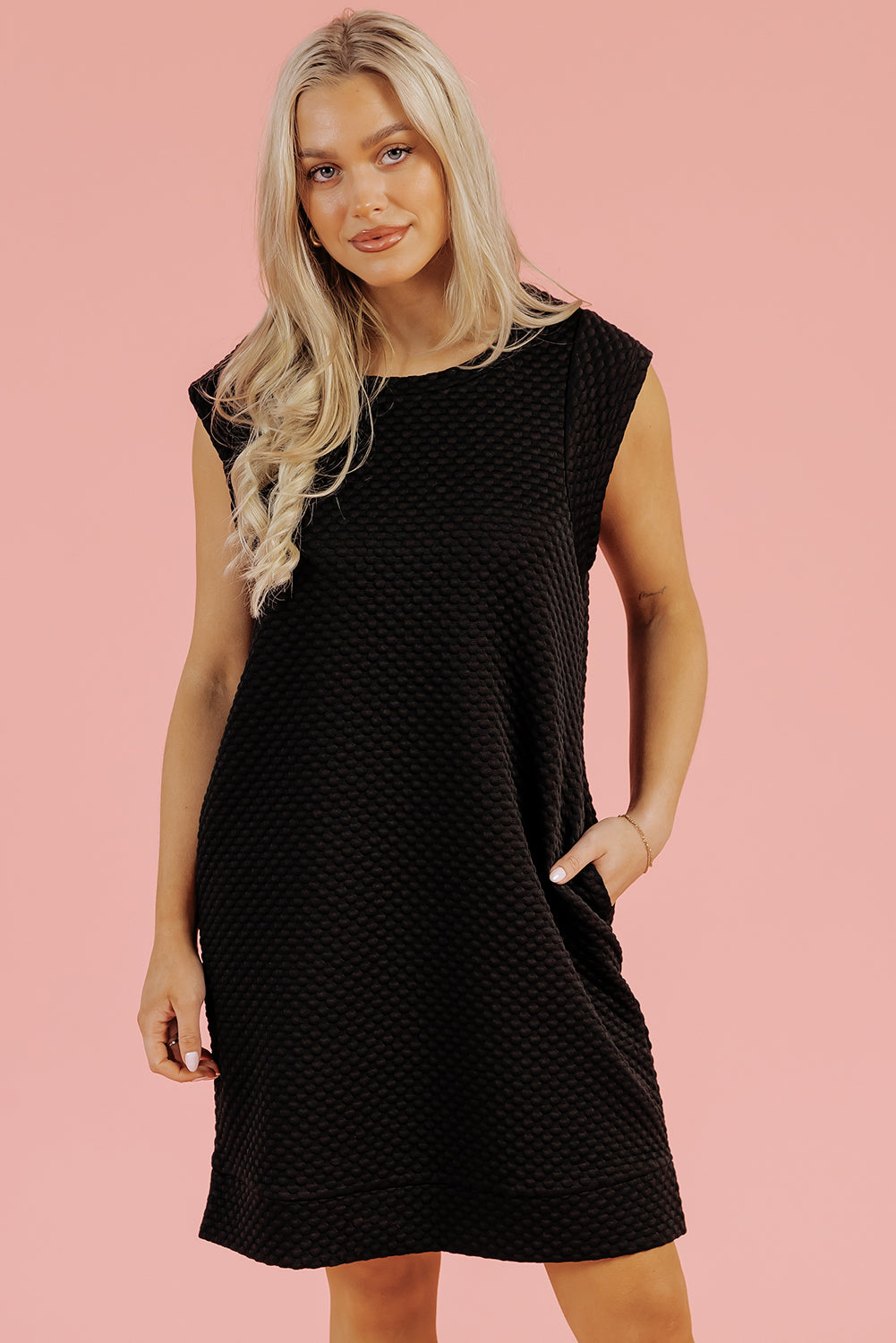Black Textured Cap Sleeve T-shirt Shift Mini Dress Mini Dresses JT's Designer Fashion