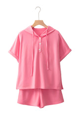 Peach Blossom Hooded Short Sleeve Henley Top and Shorts Set Short Sets JT's Designer Fashion