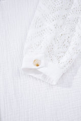 White Cotton Gauze Lace Patchwork Long Sleeve Shirt Blouses & Shirts JT's Designer Fashion
