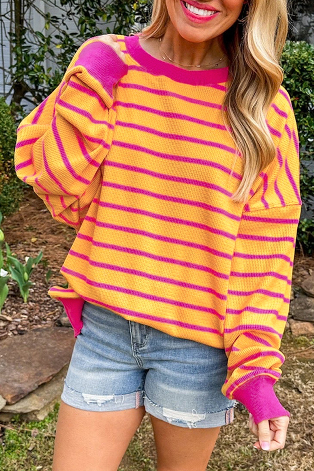 Orange Stripe Trimmed Round Neck Drop Shoulder Loose Sweater Orange Stripe 50%Viscose+28%Polyester+22%Polyamide Sweaters JT's Designer Fashion